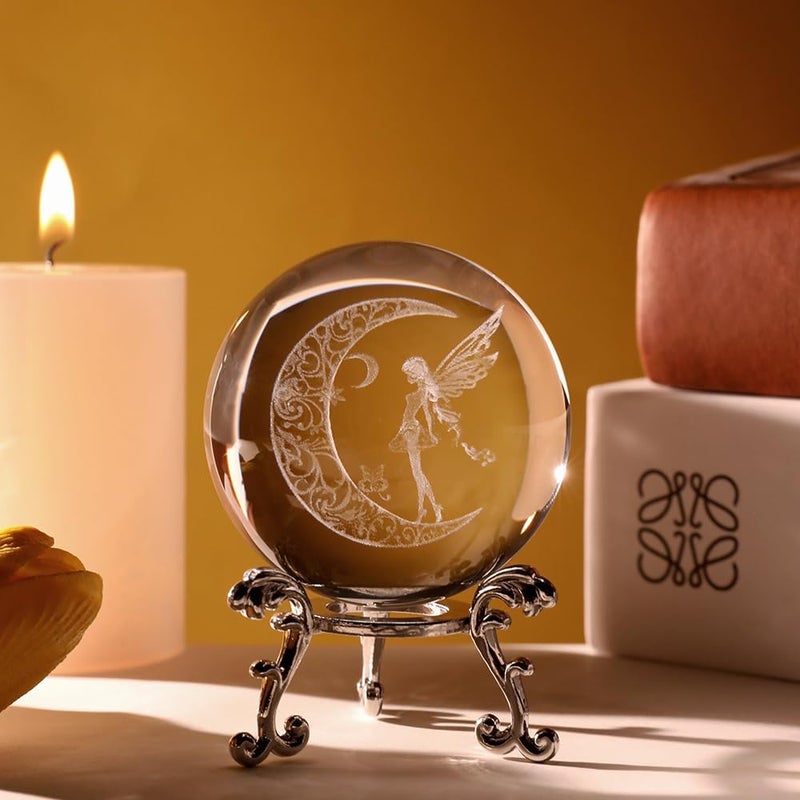 ZRENJHUS Fairy Crystal Ball 3D Moon Fairy Decorative Ball 60mm Glass Sphere Decor 3D Engraving Gifts for Girls Women Wife Wedding Gift with Stand - Image 4